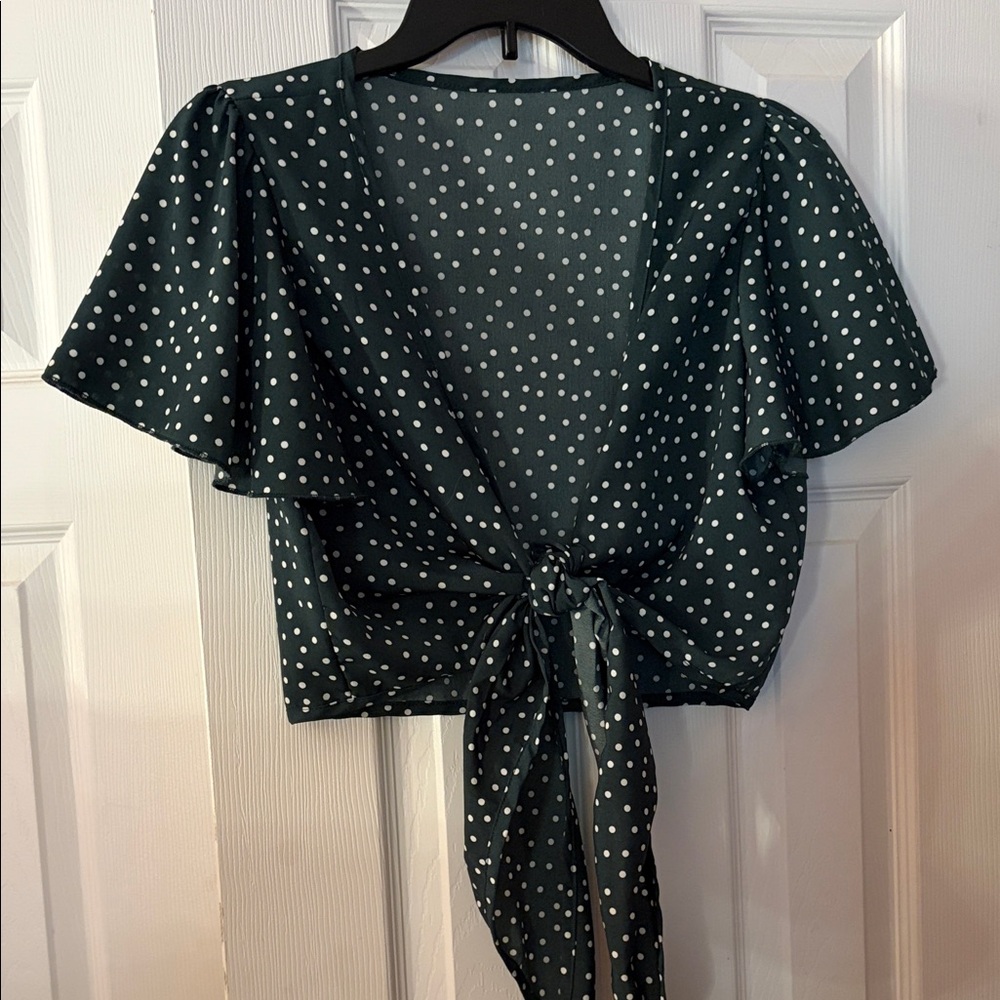 Amazon Green Polka Dot Tie-Front Blouse